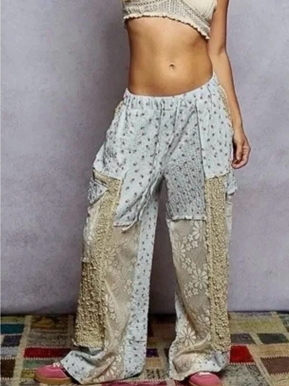 POL Patchwork Crinkle Gauze Pants with Lace size Small